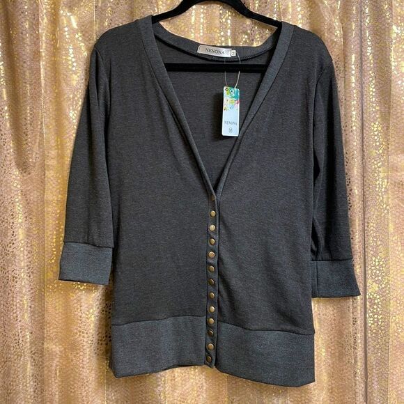 Nenona dark gray 3/4 sleeve snap button cardigan sweater, size M NWT - Picture 1 of 5